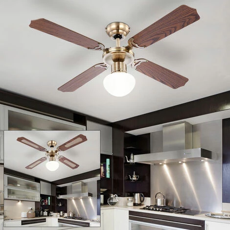 ETC-SHOP Ventilateur De Plafond LED Avec Interrupteur à Tirette Plafonnier Ventilateur Plafonnier Ventilateur 3 Niveaux, Avant-retour, Verre Maille Chêne Laiton Antique, 1x LED 4W 320Lm, D 106,6 Cm – Image 5