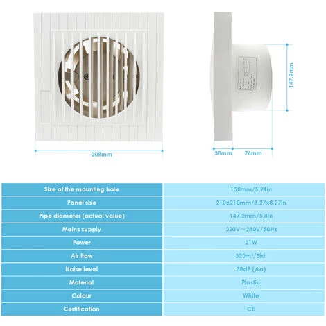 Hengda Ventilateur De Salle De Bain Ventilateur Mural Avec Déflecteur De Refoulement 150mm Hotte Aspirante Toilette Cuisine - Blanc â Image 2