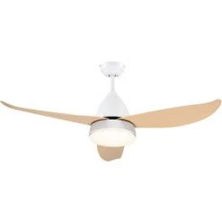 HOMCOM Ventilateur De Plafond Plafonnier 2 En 1 Réversible - 3 Pales, 6 Vitesses, Timer - Télécommande, Kit Installation Inclus - Métal Blanc ABS Aspect Bois Clair - Beige