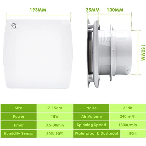 EINFEBEN Ventilateur De Salle De Bain Ventilateur Mural De 150 Mm Silencieux Avec Capteur D'humidité De Minuterie De Déflecteur De Retour â Image 5