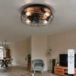 ETC-SHOP Ventilateur De Plafond Avec Télécommande Plafonnier Ventilateur De Salon IN Aspect Bois, Métal Noir, Minuterie 3 Vitesses, Douilles 4x E27, D 48 Cm