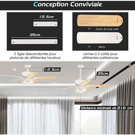 COSTWAY 3 En 1 Ventilateur De Plafond Avec Lumière LED Et Télécommande 132 Cm Moteur Réversible 5 Pales, 3 Vitesses, Minuterie, Décoration Style Rétro, Blanc â Image 2