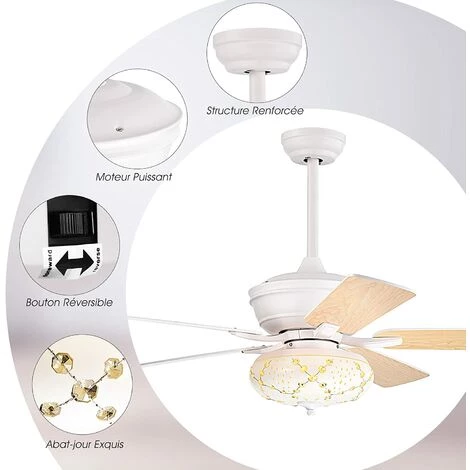 COSTWAY 3 En 1 Ventilateur De Plafond Avec Lumière LED Et Télécommande 132 Cm Moteur Réversible 5 Pales, 3 Vitesses, Minuterie, Décoration Style Rétro, Blanc â Image 4