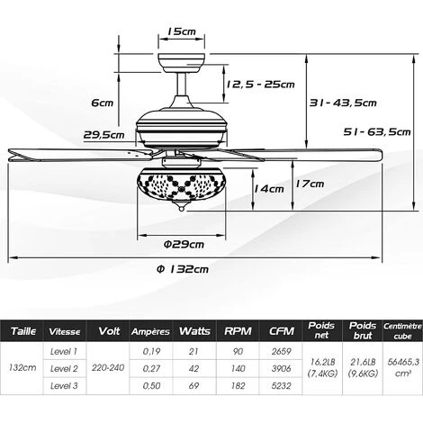 COSTWAY 3 En 1 Ventilateur De Plafond Avec Lumière LED Et Télécommande 132 Cm Moteur Réversible 5 Pales, 3 Vitesses, Minuterie, Décoration Style Rétro, Blanc â Image 5